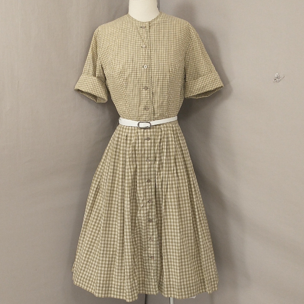 50s Gingham Dress Olive & White Check Cotton Plaid Classic Fifties SeeMeasuremnt